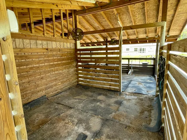 a view of a park with large trees