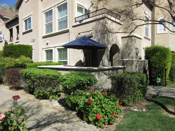 a view of a garden with a flower garden