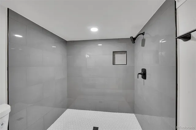 a bathroom with a shower and toilet