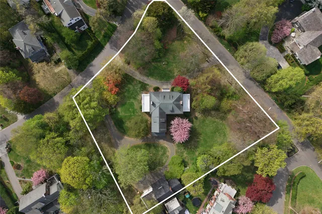an aerial view of a houses with outdoor space and trees