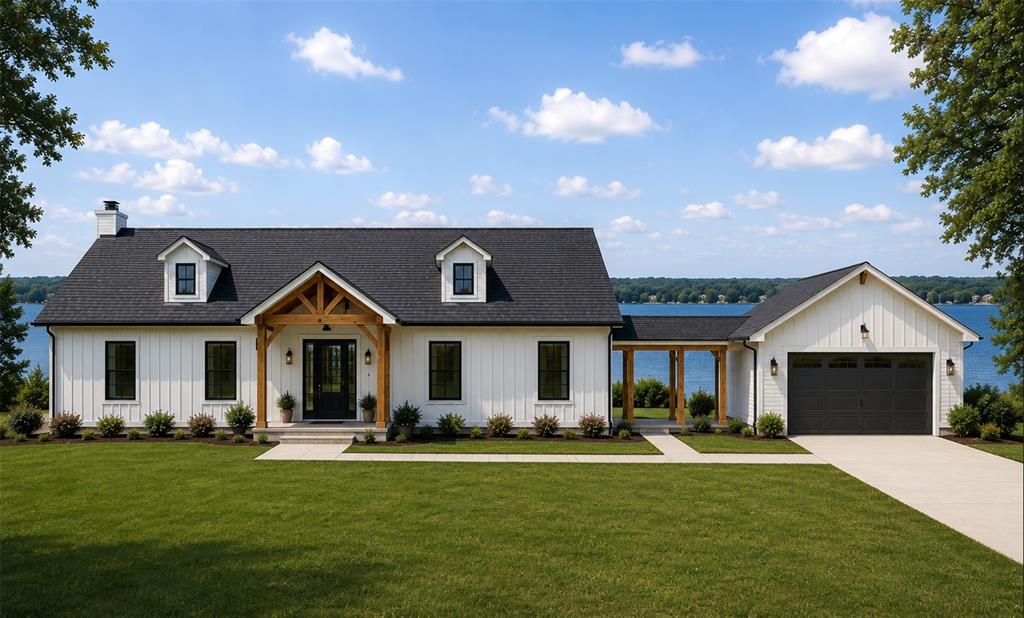 315 Private Road 7327 Emory, TX 75440 - Photo 2 of 39 Modern farmhouse exterior featuring white board and batten siding, a dark asphalt shingle roof, and black-framed windows. Customizable!