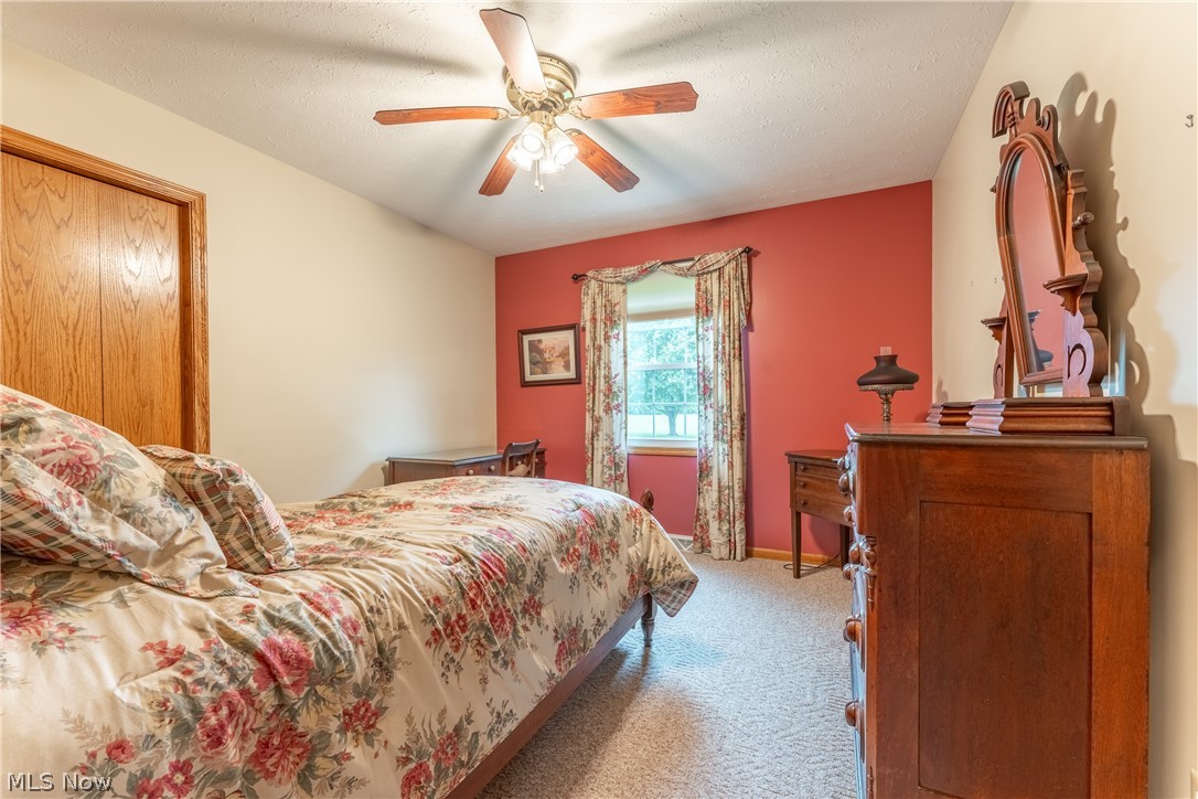6341 Burbank Road Wooster, OH 44691 - Photo 24 of 36 Bedroom featuring carpet, ceiling fan, and a textured ceiling