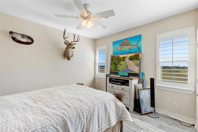 a bedroom with a bed and a flat tv screen on the dresser