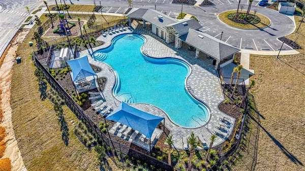 an aerial view of a highlighted house