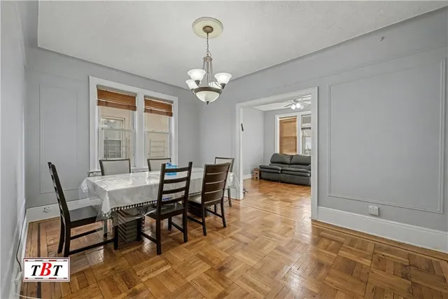 a view of a dining room with furniture