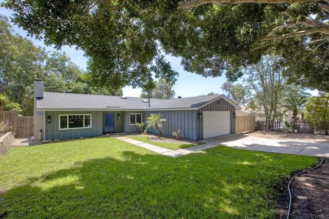 a view of a house with a yard and large tree