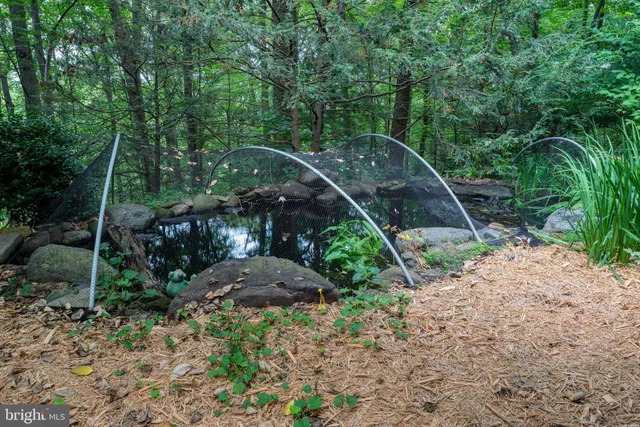 an aerial view of residential house with outdoor space and trees all around