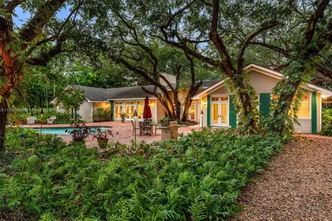 a view of a garden with plants and large trees