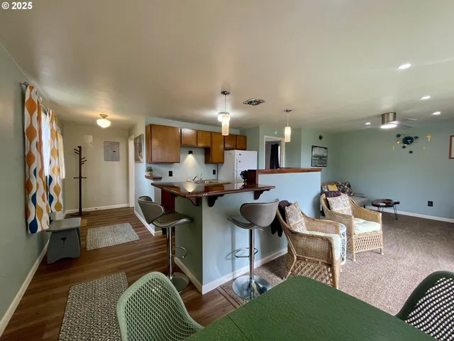 a view of a room with wooden floor and a shower curtain