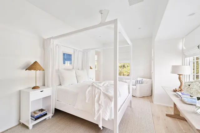 a bedroom with a bed and a table