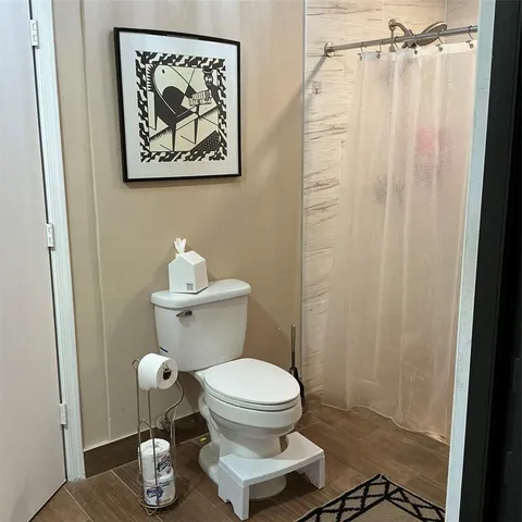 a bathroom with a toilet and a shower curtain