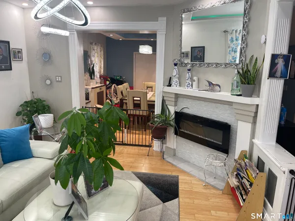 a living room with furniture a fireplace and a potted plant