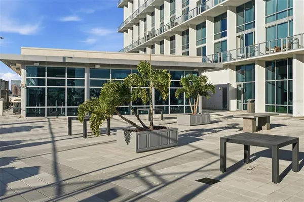 a view of a building and a large window