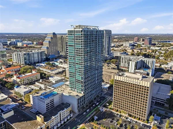 a city view with tall buildings