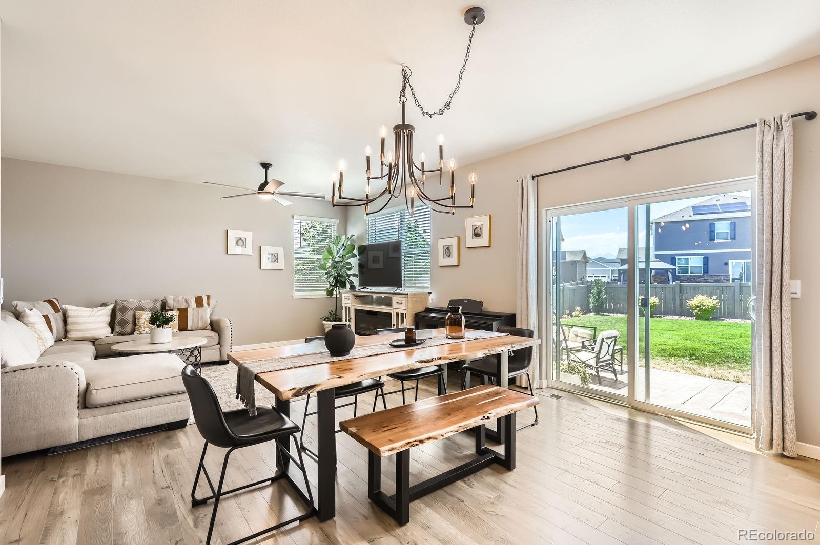 1591 Sun River Road Berthoud, CO 80513 - Photo 13 of 34 a living room with furniture a wooden floor and a chandelier