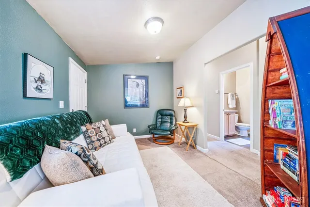a living room with furniture and a book shelf
