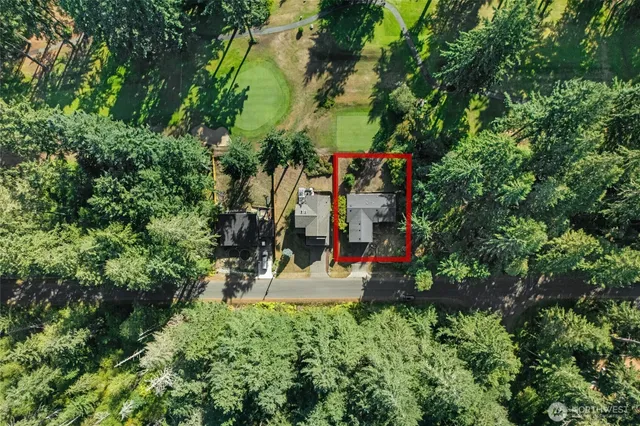 an aerial view of a house with a yard and large trees