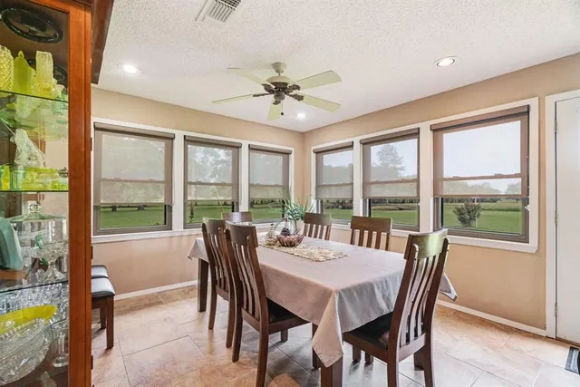 a view of a dining room with furniture window and outside view