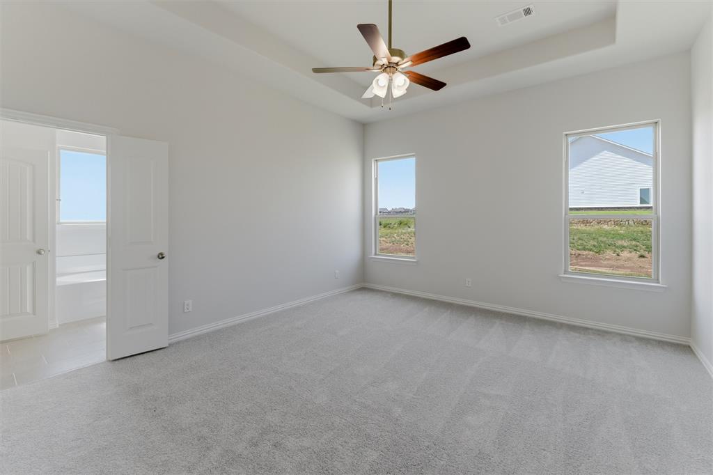 104 Snowy Owl Trail Rhome, TX 76078 - Photo 18 of 27 Spacious room featuring light gray carpeting, a tray ceiling with a ceiling fan, and two large windows