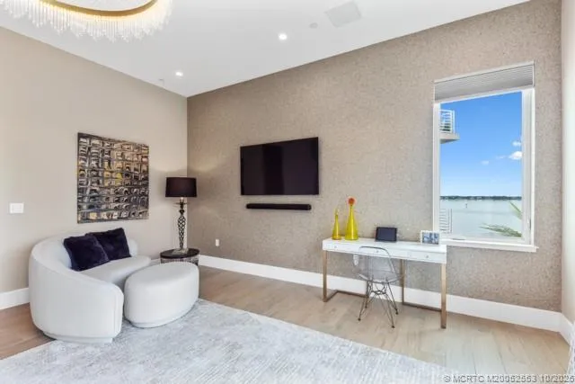 a view of balcony with furniture