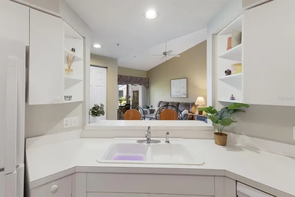 a kitchen with a potted plant on the counter and mirror
