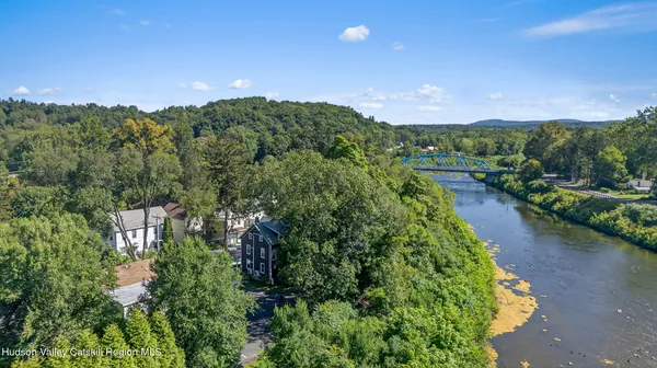 a view of a city with lush green forest