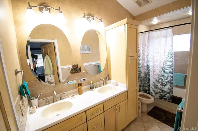 a bathroom with 2 sink and a mirror