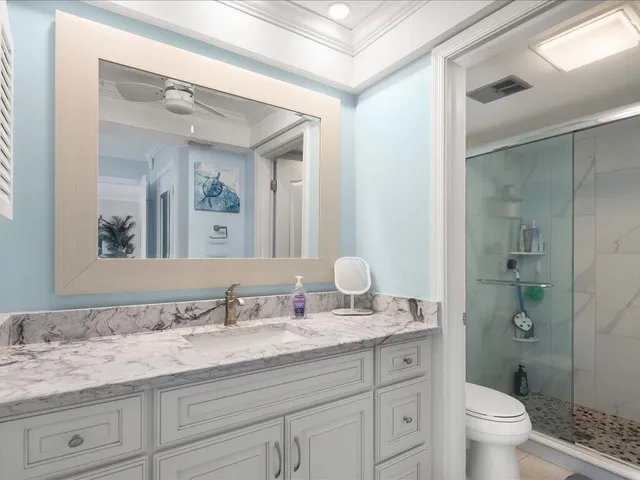 a bathroom with a granite countertop sink toilet and a mirror