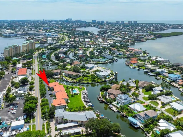 an aerial view of city and lake with trees all around