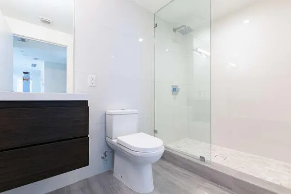 a bathroom with a shower and a toilet