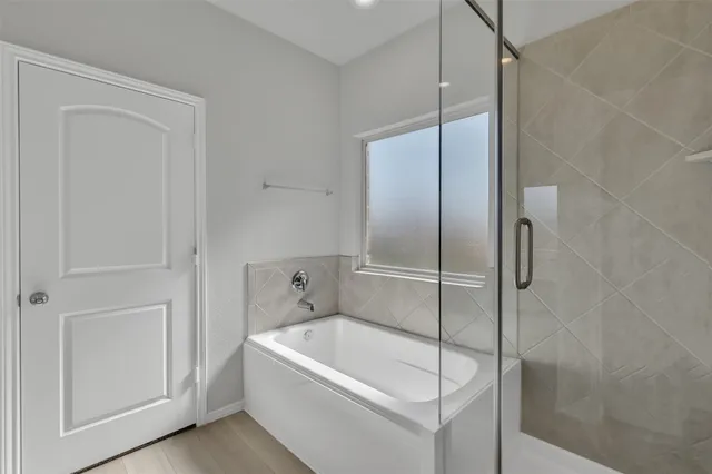 a bathroom with a bathtub and a shower