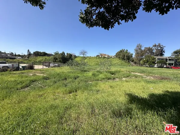 a view of a grassy field with trees in the background