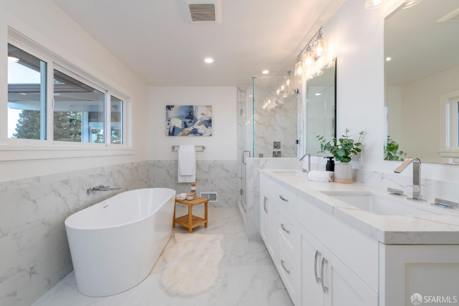 155 Brookwood Road Woodside, CA 94062 - Photo 34 of 60 a spacious bathroom with a double vanity sink mirror and bathtub
