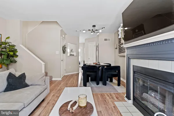 a living room with furniture fireplace and a potted plant