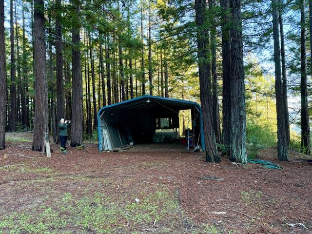 7175 Redwood Retreat Road Gilroy, CA 95020 - Photo 38 of 46 a view of a grey house with large trees and a large tree