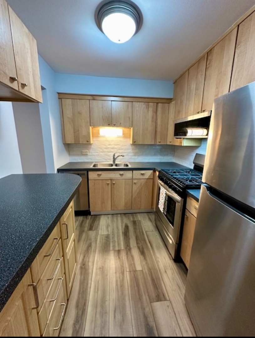 3515 Central Road, Unit 103 Glenview, IL 60025 - Photo 5 of 27 a kitchen with granite countertop a sink stove and refrigerator