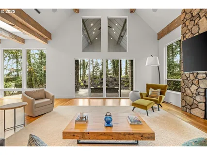 a living room with furniture rug and lamp
