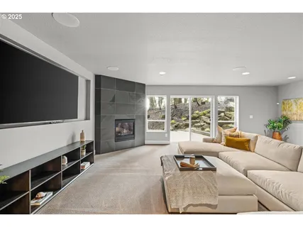 a living room with furniture tv and a fireplace