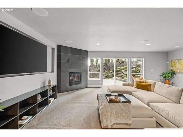 a living room with furniture tv and a fireplace
