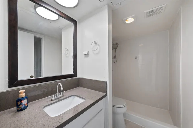a bathroom with a sink vanity granite toilet and a mirror