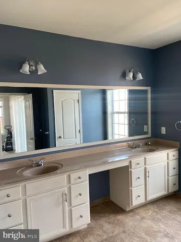 a bathroom with a sink and a large mirror