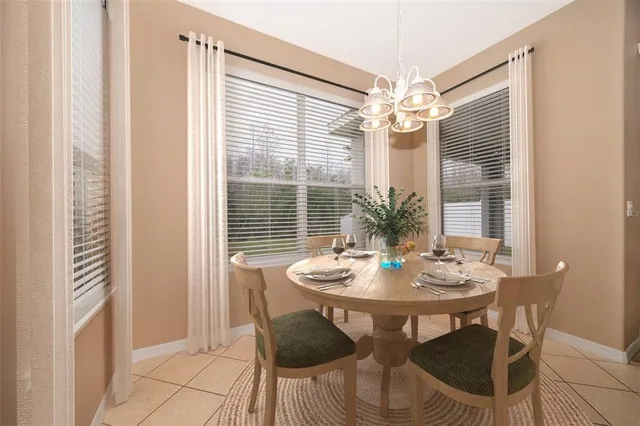 a view of a dining room with furniture and window