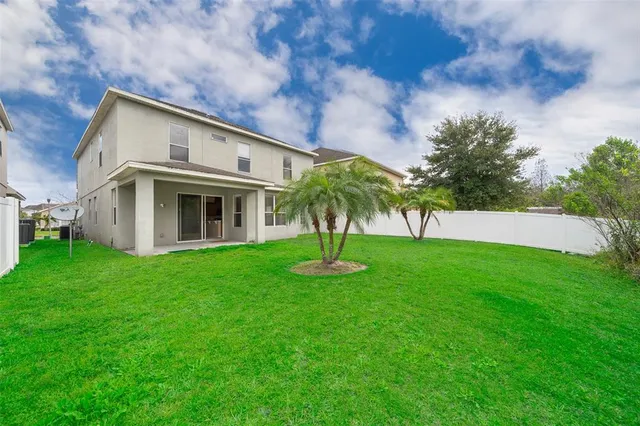 a backyard of a house with plants and large tree