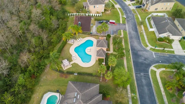 an aerial view of a swimming pool