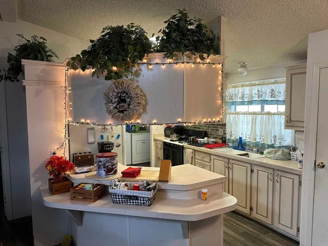 a kitchen with a sink appliances and cabinets