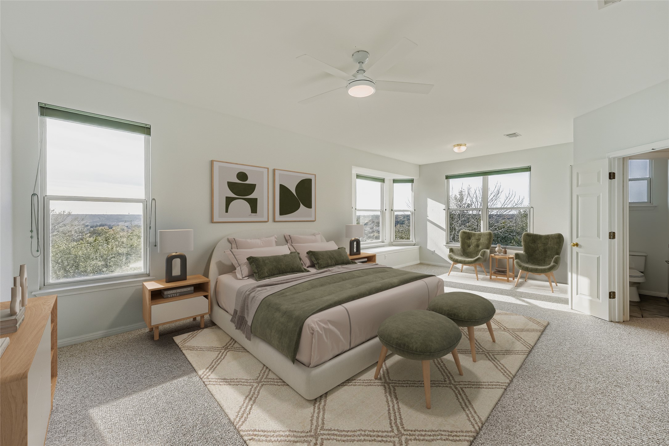 8204 Texas Plume Road Austin, TX 78759 - Photo 22 of 40 Bedroom with a ceiling fan, light colored carpet, and ensuite bath