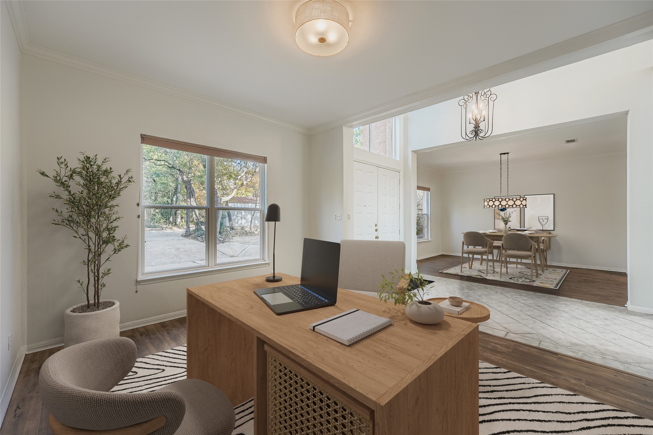 8204 Texas Plume Road Austin, TX 78759 - Photo 10 of 40 Office space featuring crown molding, dark wood-type flooring, and a chandelier
