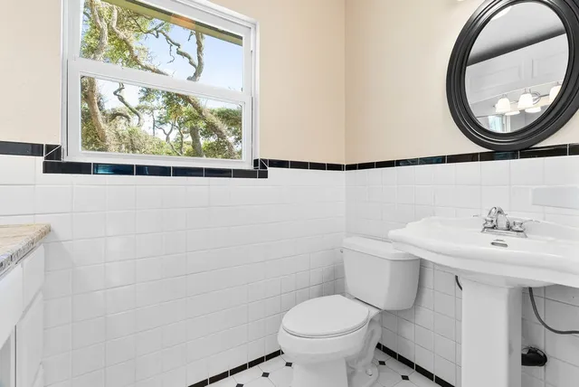 a bathroom with a toilet a sink and a mirror