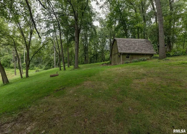 a view of a backyard with a small cabin