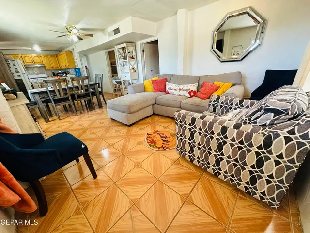 a view of a dining room with furniture